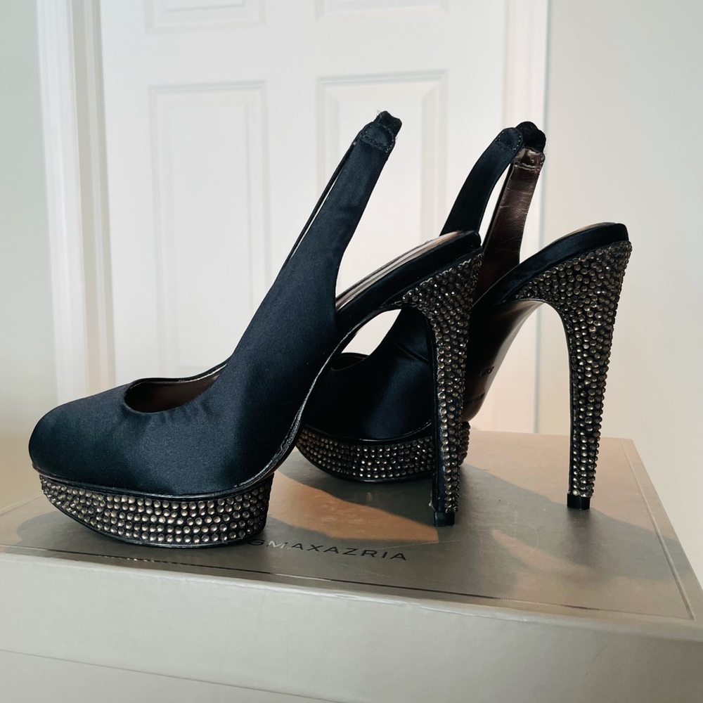 BCBG Black Satin High Heel Sandals 5.5